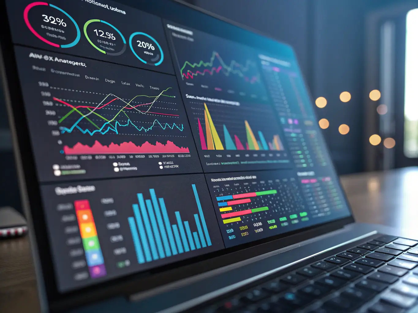 An image showcasing AI-powered SEO analytics with dynamic graphs and charts, emphasizing real-time optimization and data-driven insights for StayFound Optimized.