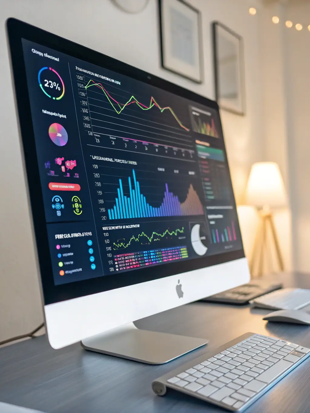 A vibrant image showcasing AI-powered SEO tools analyzing website data, highlighting keywords and optimization opportunities for StayFound Optimized.