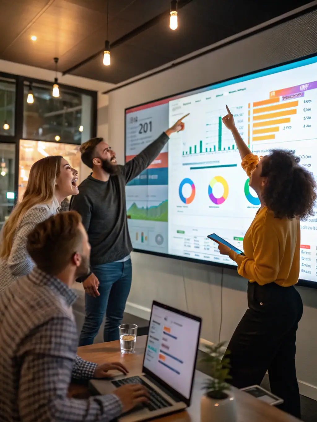 An image depicting a team of digital marketing experts collaborating and analyzing data to improve online visibility for clients of StayFound Optimized.