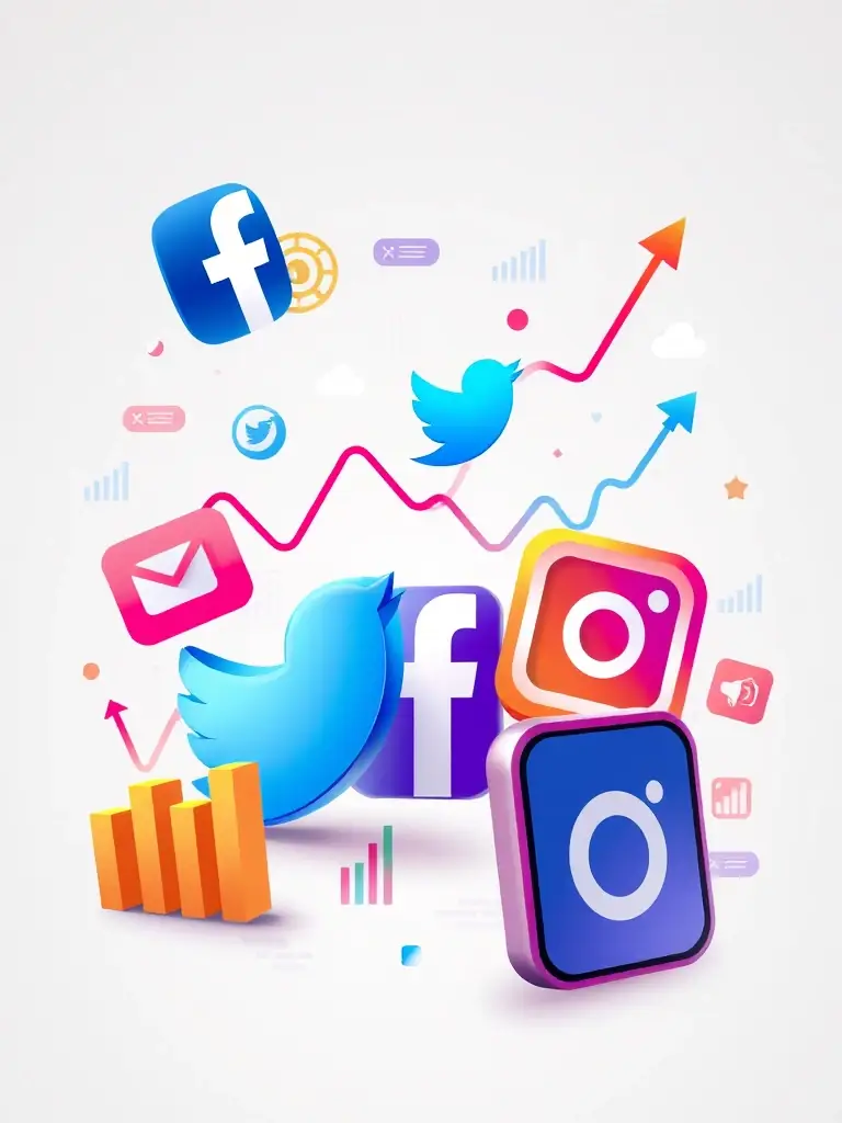 Social media icons with analytics graphs and engagement metrics, representing Stayfound Optimized's social media marketing service.