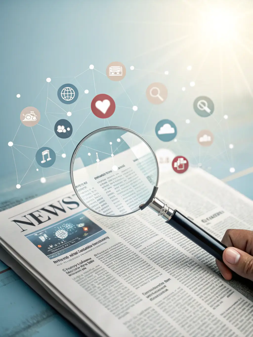 A magnifying glass over social media platforms with warning signs and analytics, symbolizing Stayfound Optimized's shadow ban resolution strategies.