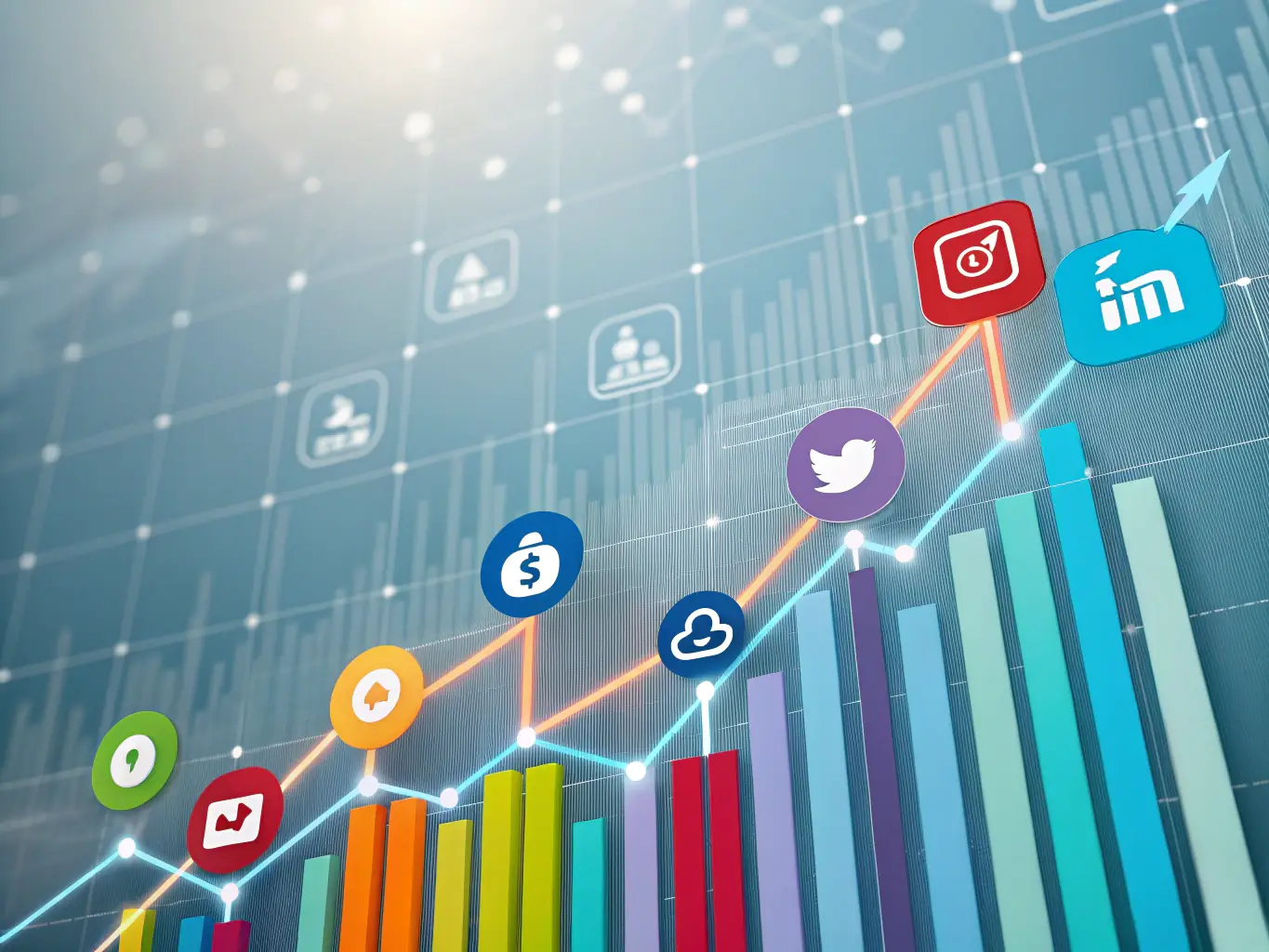 An image showing social media icons with analytics graphs and engagement metrics.