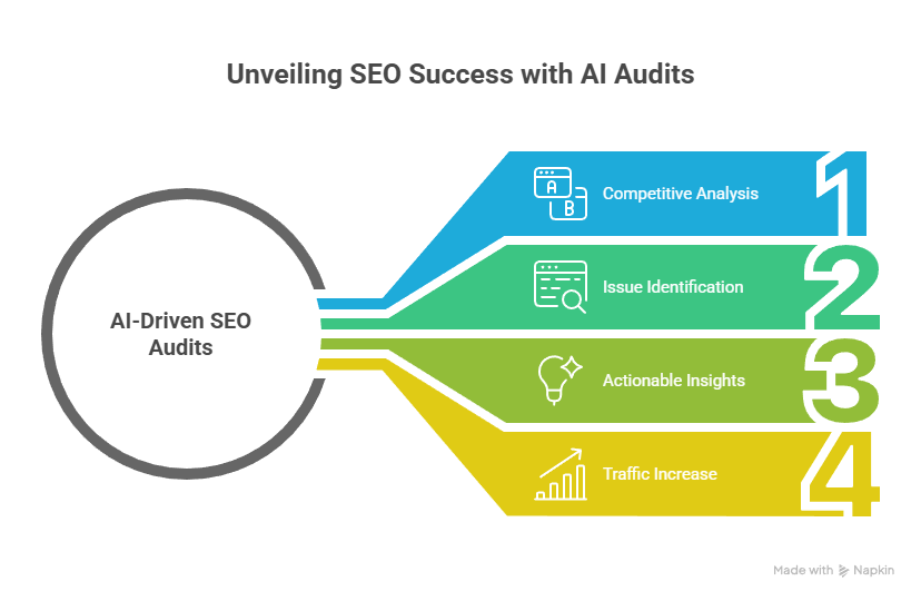 Infographic showing AI-driven SEO audits leading to competitive analysis, issue identification, actionable insights, and increased website traffic.

