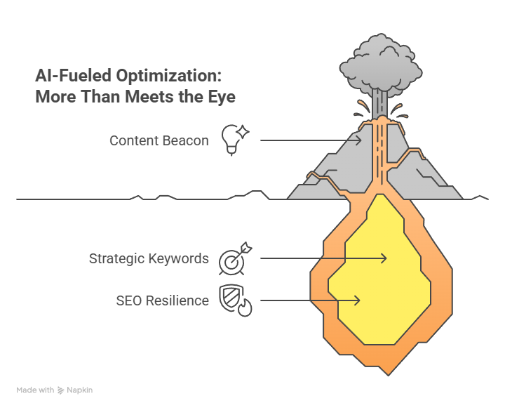 Volcano diagram labeled content beacon, strategic keywords, and SEO resilience, depicting AI-fueled optimization erupting powerful, search-ready content.
